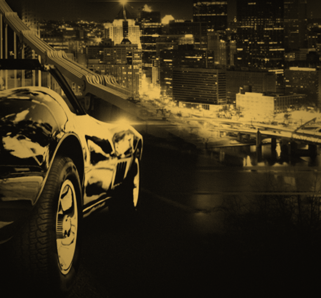Black-and-gold duotone of a C3 Corvette above the Pittsburgh skyline and Roberto Clemente Bridge