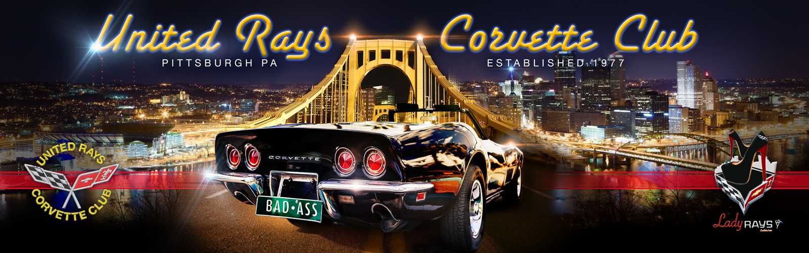 United Rays Corvette Club — black Corvette on a Pittsburgh bridge at night, established 1977